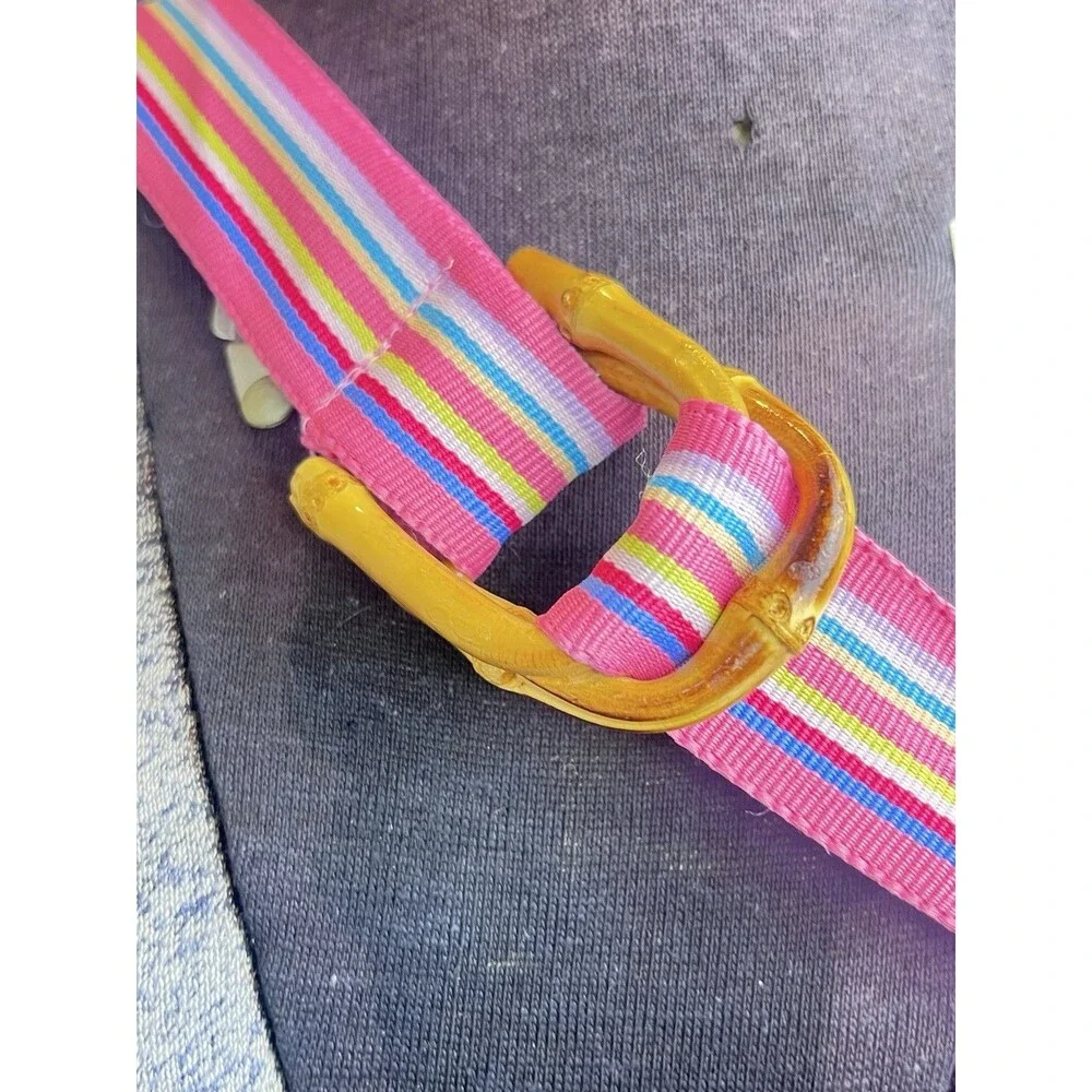 Vintage 1970s Preppy Nautical Pink Rainbow Stripe Belt W/Bamboo Buckle 39”